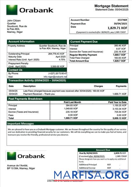 Realistic Niger Orabank mortgage statement Word and PDF template